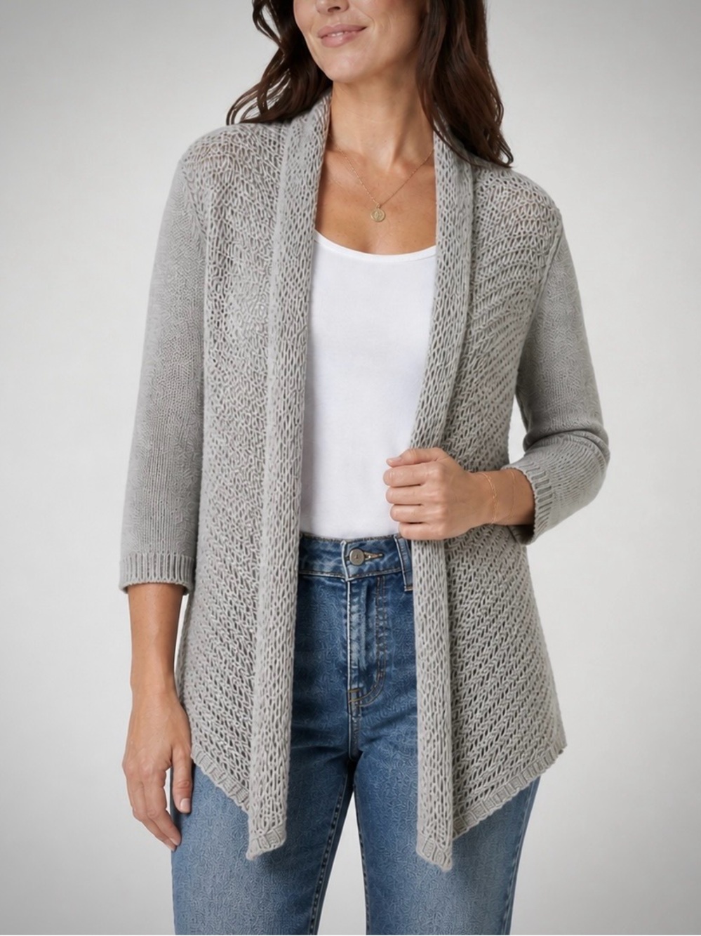 Banana Republic 100% Cotton Mesh Knit Cardigan 3/4 Sleeve Gray Size Small